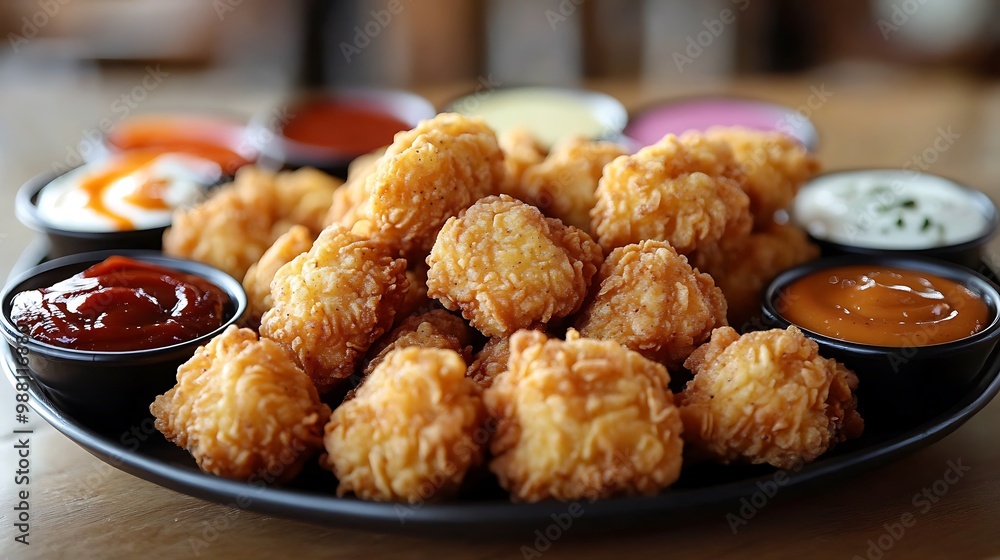 A party platter filled with crispy chicken nuggets arranged around a variety of colorful dipping sauces like ranch, barbecue, and honey mustard. The nuggets are golden and perfectly fried, A party platter filled with crispy chicken nuggets arranged around a variety of colorful dipping sauces like ranch, barbecue, and honey mustard. The nuggets are golden and perfectly fried,