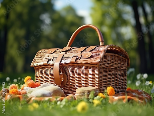 Wicker basket on green lawn prepared for picnic in park.