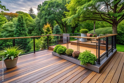 Modern low-maintenance composite deck with clean lines, subtle texture, and warm wood tones, surrounded by lush greenery and sleek metal railing systems. photo