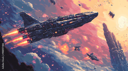 Scenic spaceship battle game style pixel art illustration. Galactic War. Illustration photo