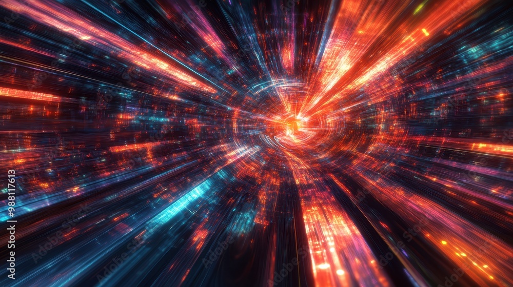 Abstract Digital Tunnel of Light with Red and Blue Glowing Lines, Futuristic Background, Sci-Fi Concept. Abstract Digital Tunnel of Light with Red and Blue Glowing Lines, Futuristic Background, Sci-Fi Concept.