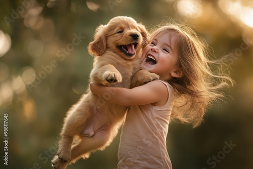 A child laughing as a playful puppy jumps into their arms, capturing pure happiness and innocence