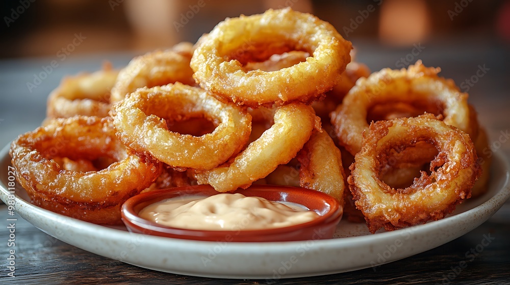 A plate of perfectly fried onion rings, crispy and golden, served with a tangy dipping sauce. The texture of the onion rings is highlighted by warm lighting, A plate of perfectly fried onion rings, crispy and golden, served with a tangy dipping sauce. The texture of the onion rings is highlighted by warm lighting,