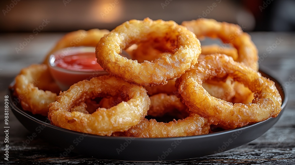 A plate of perfectly fried onion rings, crispy and golden, served with a tangy dipping sauce. The texture of the onion rings is highlighted by warm lighting, A plate of perfectly fried onion rings, crispy and golden, served with a tangy dipping sauce. The texture of the onion rings is highlighted by warm lighting,