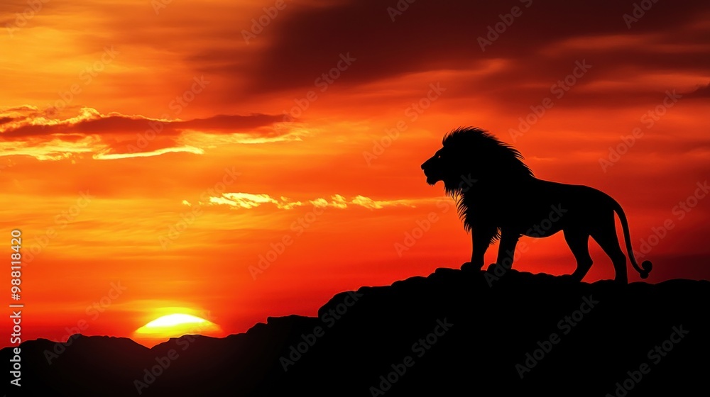 Obraz premium A silhouetted lion stands majestically against a vibrant sunset backdrop.