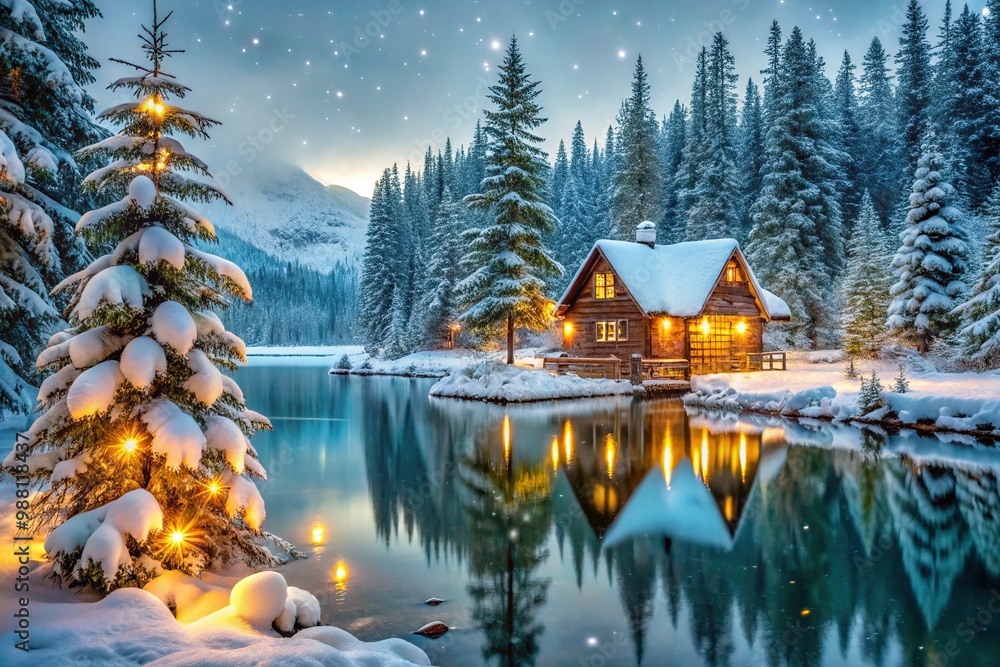 Fototapeta premium Snowflakes gently fall on a serene winter wonderland scene featuring icy frozen lake, evergreen trees, and rustic wooden cabin adorned with festive holiday lights.