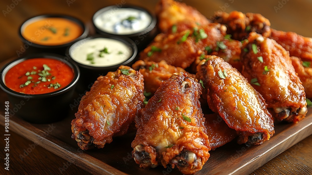 A platter of crispy fried chicken wings served with an assortment of dipping sauces like ranch, blue cheese, and buffalo, on a wooden table. The golden wings are the centerpiece, A platter of crispy fried chicken wings served with an assortment of dipping sauces like ranch, blue cheese, and buffalo, on a wooden table. The golden wings are the centerpiece,