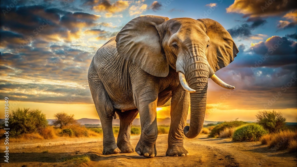 Fototapeta premium The elephant's sturdy body undulates as it swings its long, curved tail in a gentle arc, its wrinkled gray skin glistening in warm sunlight.
