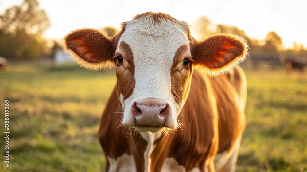 A close-up of a brown and white cow in a grassy field during sunset. A close-up of a brown and white cow in a grassy field during sunset.