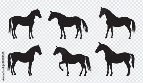 Silhouettes of Horses in Various Poses - Elegant Vector Collection on White Background