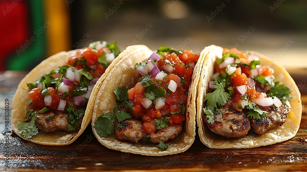 A trio of street tacos overflowing with vibrant toppings like cilantro, onions, and salsa, served from a stylish food truck. A trio of street tacos overflowing with vibrant toppings like cilantro, onions, and salsa, served from a stylish food truck.