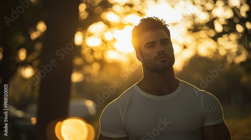 A man stands contemplatively against a sunset backdrop, creating a serene atmosphere. photo