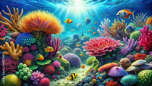 Fototapeta Naklejka Na Ścianę i Meble -  Vibrant, intricate illustration of a coral reef ecosystem, featuring diverse marine life, colorful sea anemones, and wavy seaweed amidst turquoise ocean waters.