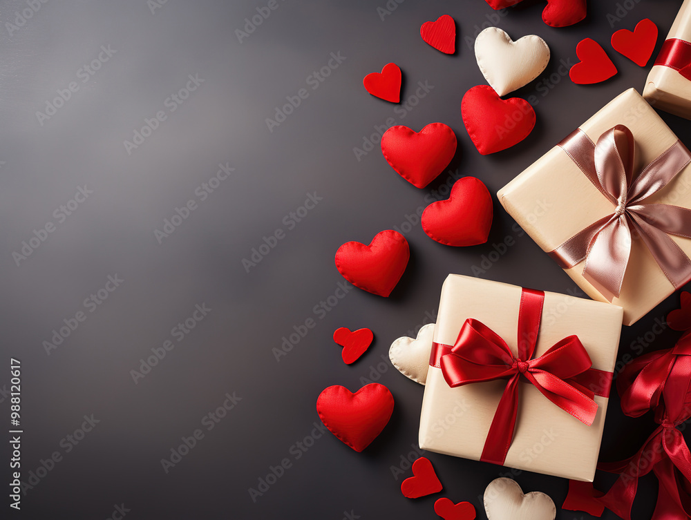 Top view colorful valentine background made of gift boxes and red textile hearts. Top view colorful valentine background made of gift boxes and red textile hearts.