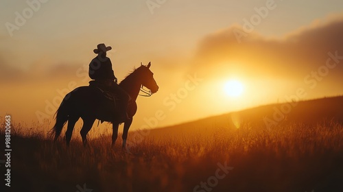 Silhouette of Cowboy Riding Horse at Sunset - Golden Hour in the Wild West