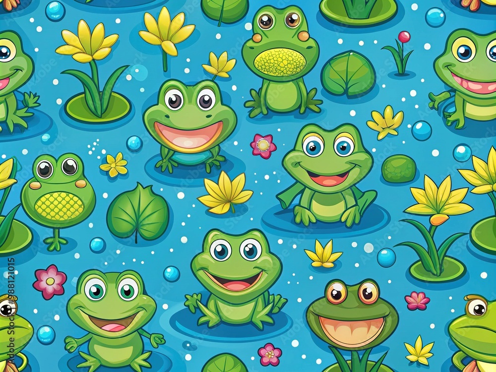 Obraz premium Vibrant green and blue pattern of comic-style cartoon frogs, Lilly pads, and water lilies create a whimsical and playful design for a unique wallpaper background.