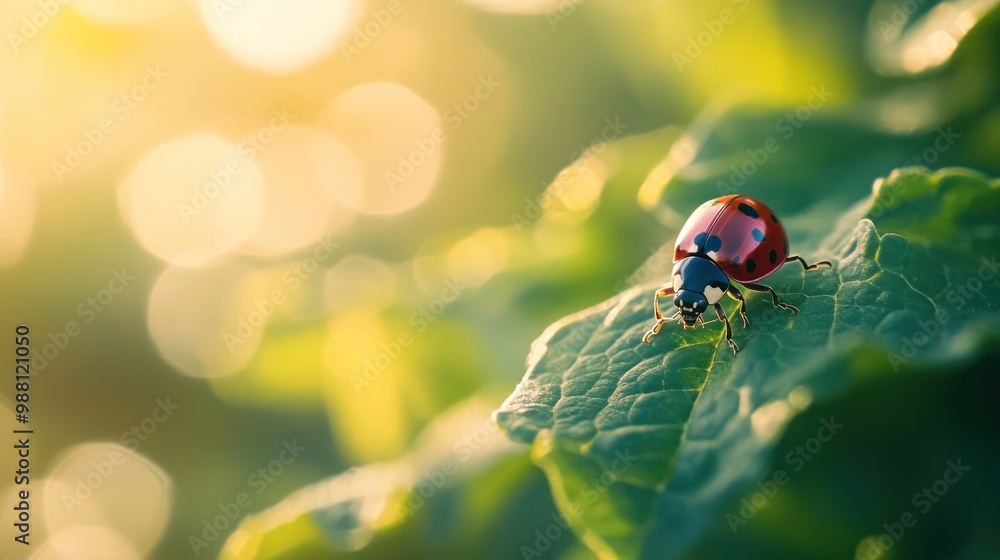 A close-up of a ladybug on a green leaf with a soft, blurred background. A close-up of a ladybug on a green leaf with a soft, blurred background.