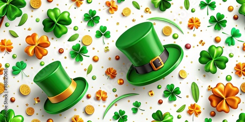 Vibrant green and orange illustration of shamrocks, Celtic knots, and leprechaun hats surrounded by festive confetti and scattered gold coins on a white background. photo