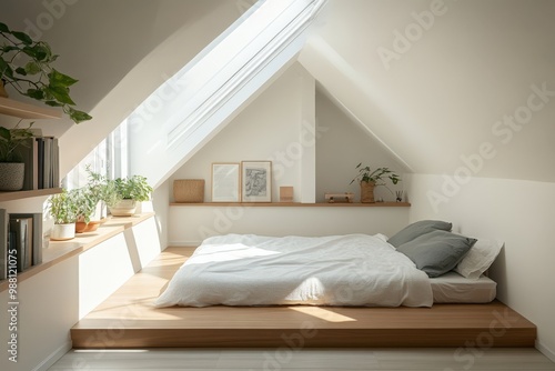 A cozy bedroom with a platform bed, minimalist shelving, and soft natural light from a skylight