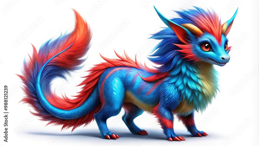 Vibrant illustration of a mythical creature with bright blue and red fur, lightning bolt-shaped tail, and bright, curious eyes, posed against a white background. Vibrant illustration of a mythical creature with bright blue and red fur, lightning bolt-shaped tail, and bright, curious eyes, posed against a white background.