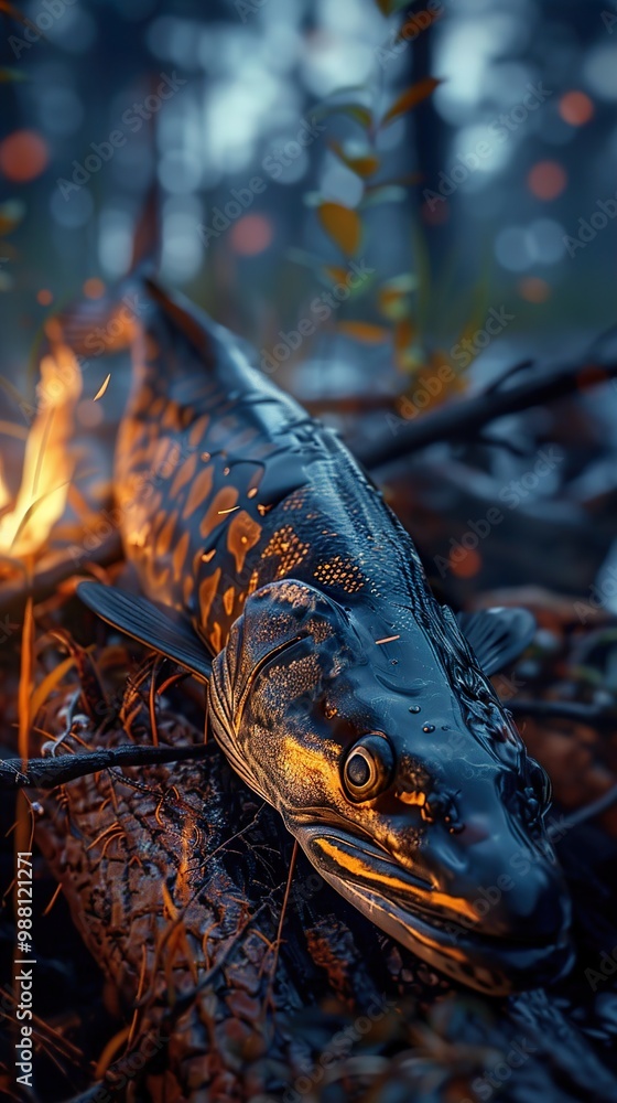 Close-Up of a Pike Fish on a Campfire Close-Up of a Pike Fish on a Campfire