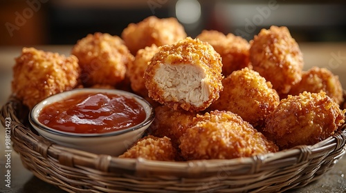 Crispy chicken nuggets in a basket with a dipping sauce, the warm lighting highlighting their golden-brown texture. One nugget is being dipped into the sauce,