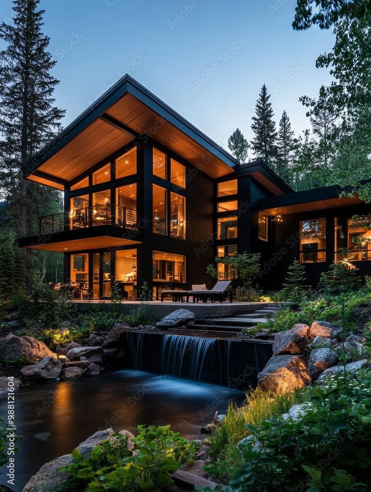 Fototapeta premium Modern mountain home with a stunning waterfall, sleek architecture, large windows, and a serene forest setting.