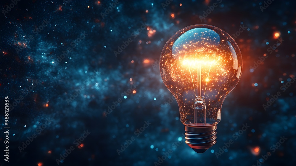 A light bulb floating in space, glowing softly among the stars, symbolizing cosmic ideas A light bulb floating in space, glowing softly among the stars, symbolizing cosmic ideas