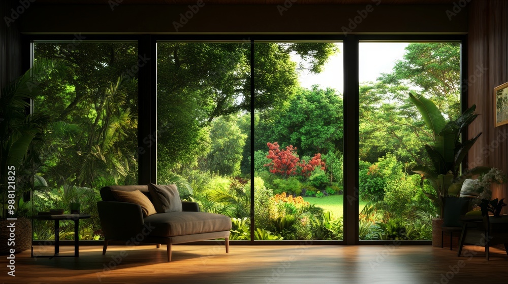 Modern living room with a spacious couch, large windows offering stunning views of a lush green garden, and a cozy atmosphere.