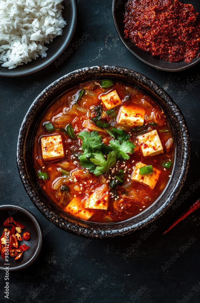 A Bowl of Korean Tofu Stew with Kimchi Surrounded by Fresh Vegetables A Hearty and Spicy Meal A Bowl of Korean Tofu Stew with Kimchi Surrounded by Fresh Vegetables A Hearty and Spicy Meal