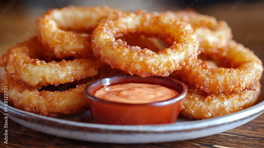 Golden, crunchy onion rings arranged on a plate with a tangy dipping sauce, their texture enhanced by warm lighting. The rings are set against a softly blurred wooden table, Golden, crunchy onion rings arranged on a plate with a tangy dipping sauce, their texture enhanced by warm lighting. The rings are set against a softly blurred wooden table,