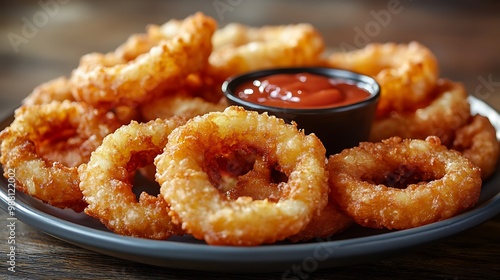 Golden, crunchy onion rings arranged on a plate with a tangy dipping sauce, their texture enhanced by warm lighting. The rings are set against a softly blurred wooden table,