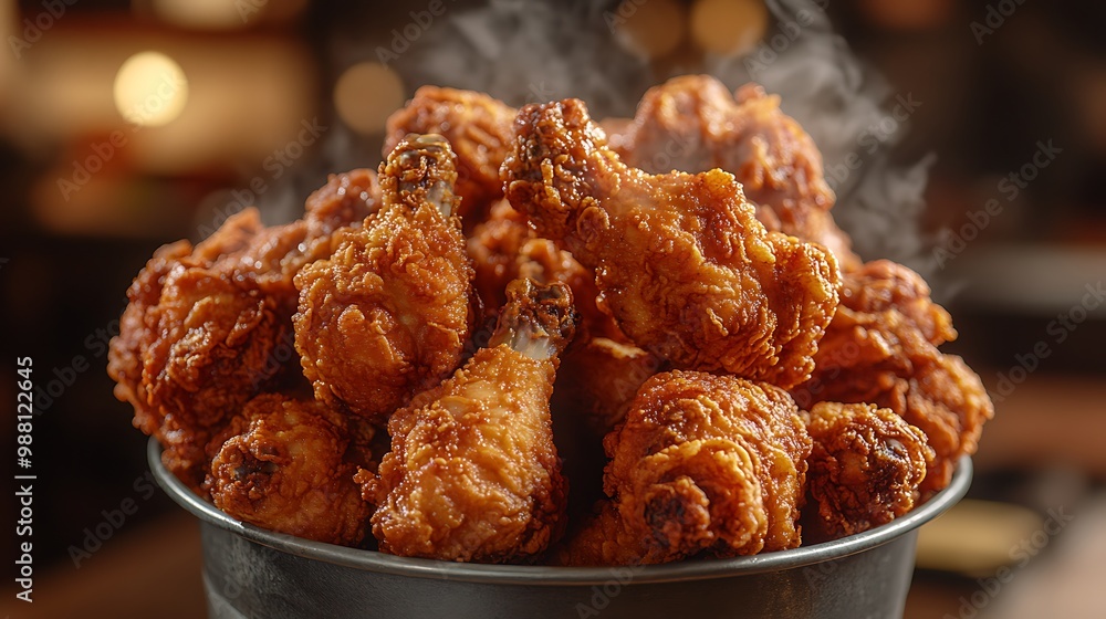 Overflowing bucket of hot, crispy fried chicken, golden-brown with crunchy skin, steam rising. The background is blurred with a warm kitchen scene, Overflowing bucket of hot, crispy fried chicken, golden-brown with crunchy skin, steam rising. The background is blurred with a warm kitchen scene,