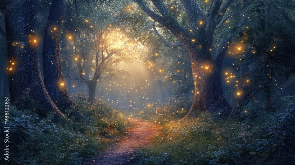 Enchanting Forest Path with Glowing Lights and Mystical Atmosphere - Magical Nature Scene. Enchanting Forest Path with Glowing Lights and Mystical Atmosphere - Magical Nature Scene.
