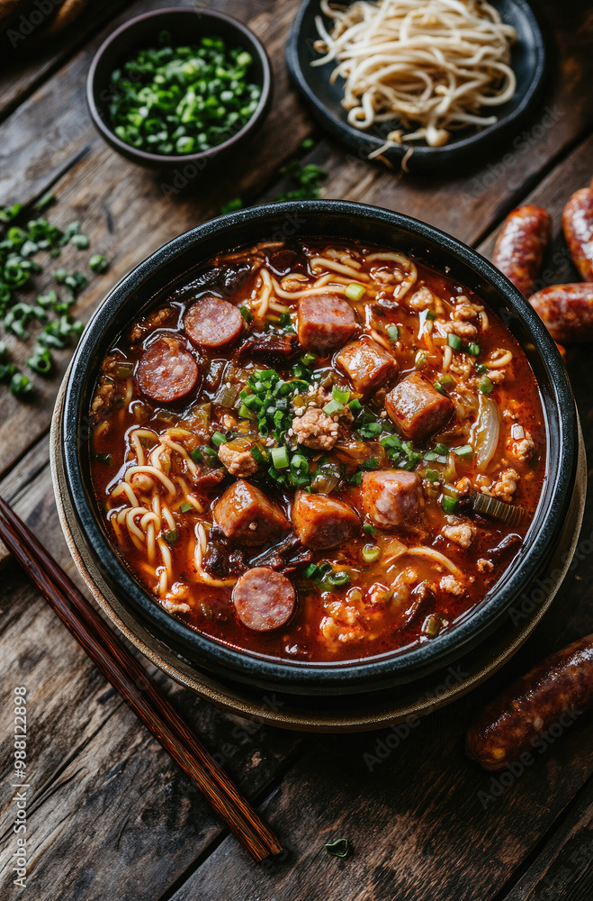 A Bowl of Korean Budae Jjigae Army Stew Surrounded by Sausages and Vegetables A Hearty and Spicy Meal A Bowl of Korean Budae Jjigae Army Stew Surrounded by Sausages and Vegetables A Hearty and Spicy Meal