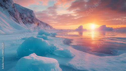 Beautiful winter landscape of frozen Lake Baikal with Aurora Borealis - Snowy ice hummocks with transparent blue piles of ice - Baikal Lake, Siberia photo