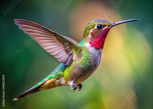 With wings spread wide and beak pointed forward, the hummingbird soars, its iridescent feathers glistening as it sips nectar with speed and precision.