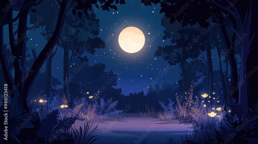 Mystical Forest Night Landscape with Full Moon and Stars Illustration Mystical Forest Night Landscape with Full Moon and Stars Illustration