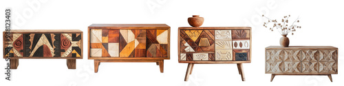 A collection of vintage inspired mid century modern furniture pieces including cabinets dressers sideboards and display tables showcasing geometric patterns textured wood finishes photo