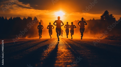 Silhouettes of Runners Against a Dramatic Sunset Sky.