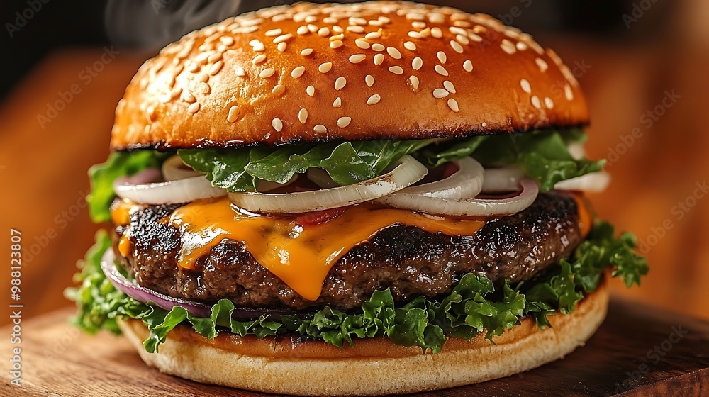 A close-up of a burger being assembled, layers of crispy lettuce, sliced onions, melted cheese, and a sizzling beef patty, topped with a sesame seed bun. A close-up of a burger being assembled, layers of crispy lettuce, sliced onions, melted cheese, and a sizzling beef patty, topped with a sesame seed bun.