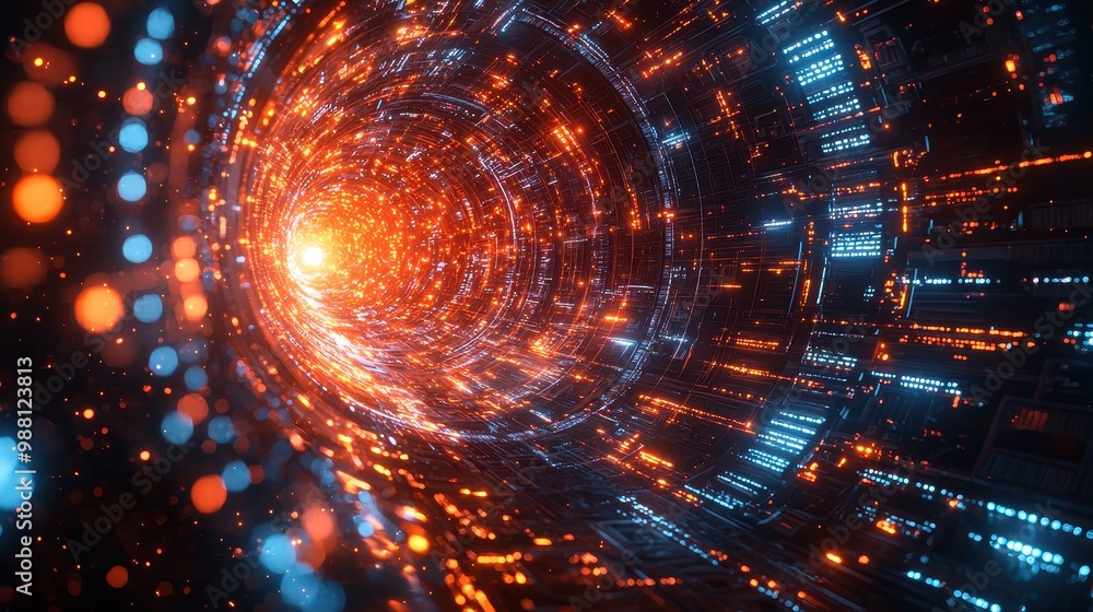 Obraz premium Abstract Futuristic Tunnel with Orange and Blue Lights