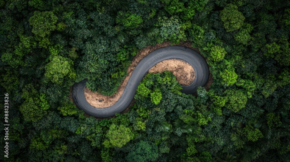 Aerial View of Winding Road Through Lush Green Forest Aerial View of Winding Road Through Lush Green Forest