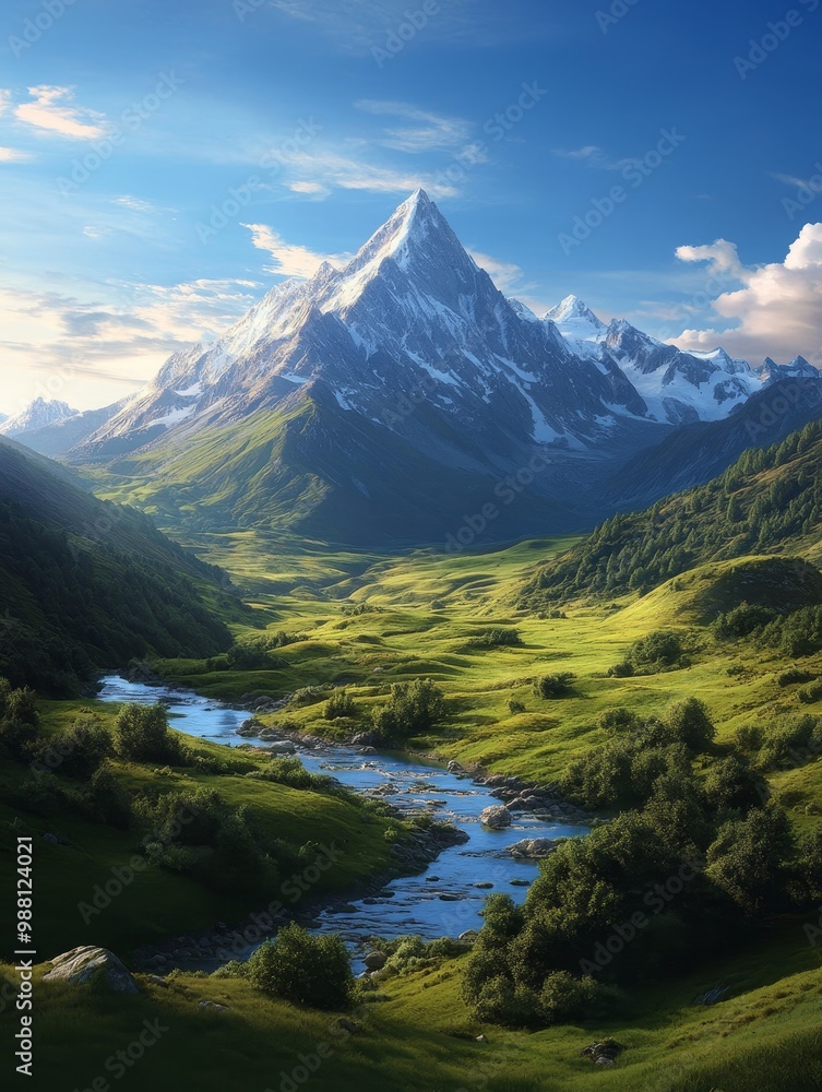 Fototapeta premium A breathtaking view of a majestic mountain peak with a winding river flowing through a lush valley. The scene symbolizes serenity, nature's beauty, adventure, exploration, and peace.