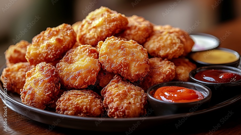 A close-up of a party platter loaded with golden chicken nuggets and a variety of colorful dipping sauces, perfect for sharing. The nuggets are crispy, with a warm, inviting glow, A close-up of a party platter loaded with golden chicken nuggets and a variety of colorful dipping sauces, perfect for sharing. The nuggets are crispy, with a warm, inviting glow,