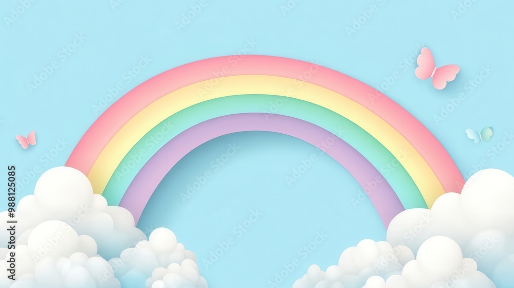 Pastel Rainbow with Clouds and Butterflies on Blue Background - Cute and Dreamy Paper Art Illustration Pastel Rainbow with Clouds and Butterflies on Blue Background - Cute and Dreamy Paper Art Illustration