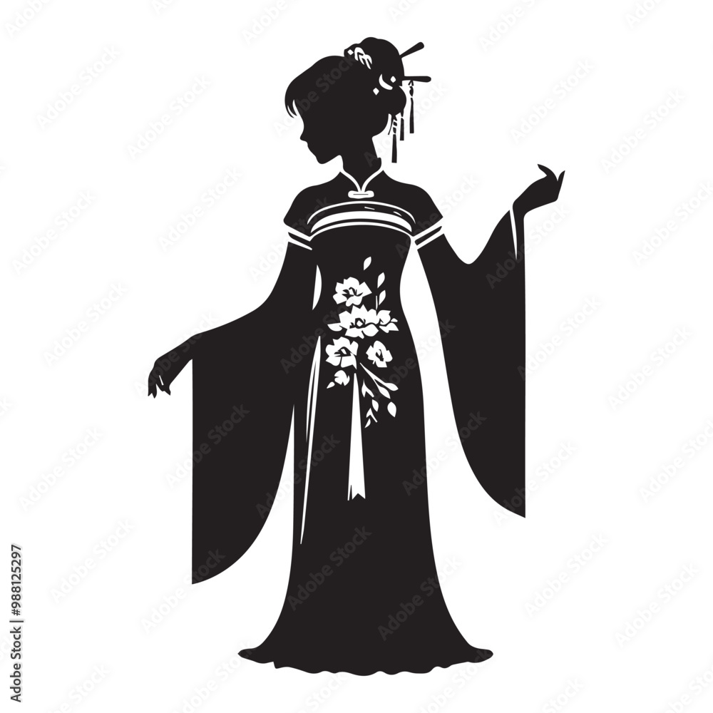Simple black and white chinese woman traditional dress silhouette Simple black and white chinese woman traditional dress silhouette