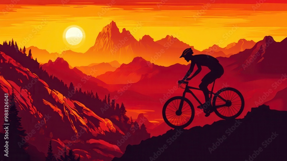 Obraz premium Silhouette of Mountain Biker at Sunset with Dramatic Sky and Mountain Landscape