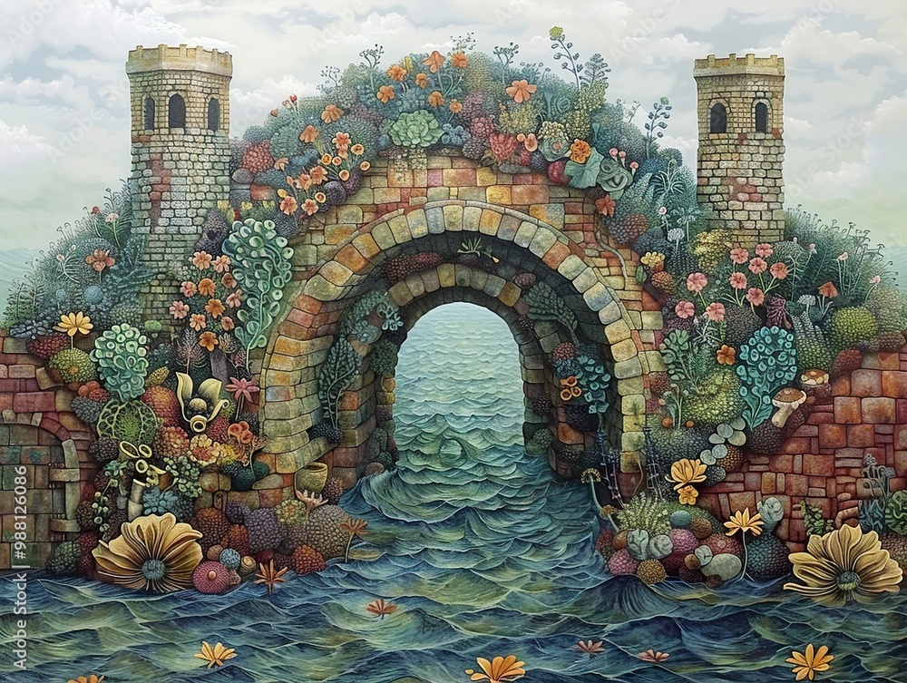 Obraz premium Stone Arch Bridge Over Ocean with Flowers and Plants