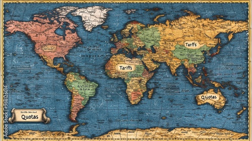 World Map with Quotas and Tariffs Illustration photo